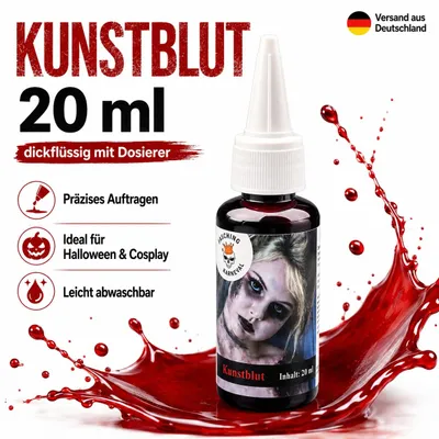 Produktbild von Kunstblut 20 ml Dickflüssig mit Dosierer – Rotes Halloween SFX Theaterblut für Vampir, Zombie, Horror Make-up, Cosplay, Fasching, Karneval & Mottoparty