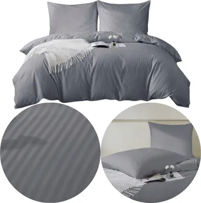 A collage of images showing a grey striped bedding set, including a close-up of the fabric texture and a styled bed with pillows.