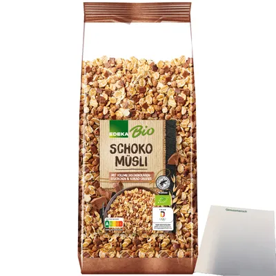 Produktbild von Edeka  Schoko Müsli mit Vollmilchschokoladenstückchen und Kakao-Nips (750g Packung) + usy Block