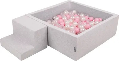 Produktbild von KiddyMoon spielplatz aus schaumstoff mit rund bällebad (100 bälle) ballgruben für babys spielbad hindernisläufen, hergestellt in der eu, hellgrau:puderrosa/perle/transparent