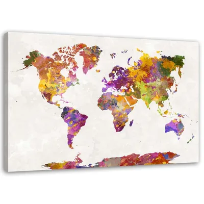 Produktbild von Leinwandbild weltkarte mit aquarellflecken 100x70 cm Feeby farbe wandbild bereit zum aufhängen