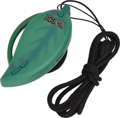A green leaf-shaped portable radio with a digital display and a black lanyard.