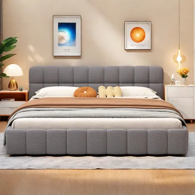 Obrázek produktu pro Čalouněná postel Fortuna Lai 160x200 cm, manželská postel s opěradlem, lamelový rošt a lněný potah, šedá barva