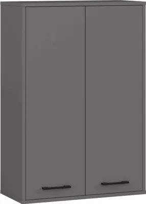 A gray bathroom wall cabinet with two doors and black handles.