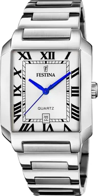 A close-up studio shot of a silver Festina men's watch.