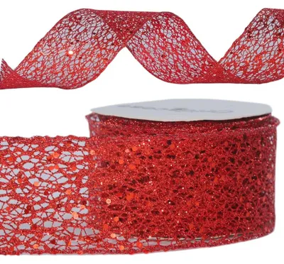 Glitter-Strohband mit Drahtrand, 63 mm x 9 m, rot