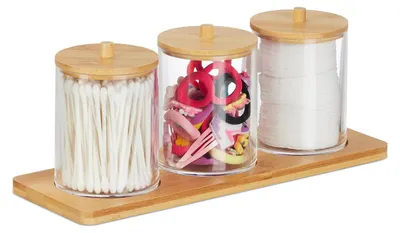 Produktbild von Wattepadhalter Wattestäbchenhalter Badorganizer - 3 Döschen - Bambusdeckel - Transparent