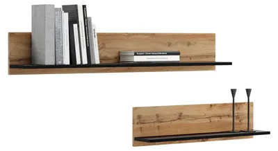 Produktbild von Wandregal 2 Stück je 100cm breit, Wandboard, dunkles Holz mit schwarzem Schwebe-Regal für Bücher, Bilder, Deko, Wohnzimmer, Schlafzimmer, Esszimmer