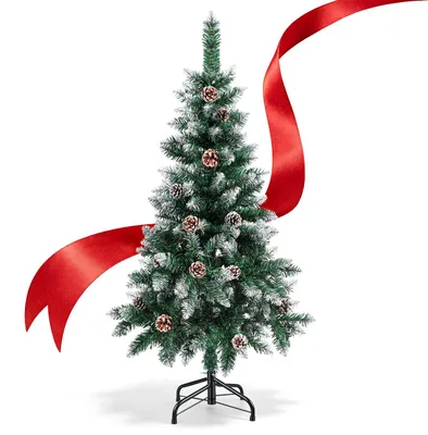 Image de Arbre de Noël artificiel Eikuavons de 120 cm, avec 180 extrémités en PVC, sapin de Noël avec pied, arbre de Noël artificiel avec cônes et flocons de neige, de couleur verte