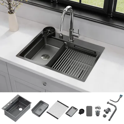 Produktbild von HOROW 66 x 48 cm Multifunktionale Edelstahl-Küchenspüle mit Wasserfallarmatur, Gläserspüler, Ersatz-Innenbecken, Abtropffläche und Ablaufgarnitur