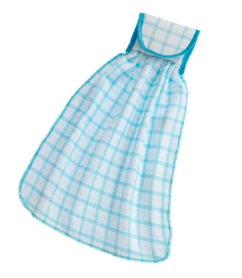 A hanging kitchen towel with a blue and white checkered pattern.
