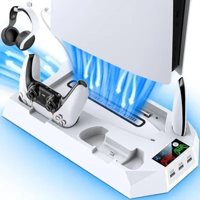 Produktbild von PS5-Lüfterständer, Dual-PS5-Controller-Ladegerät mit LED-Anzeige, 3 Geschwindigkeitsstufen und 3 USB-Anschlüssen