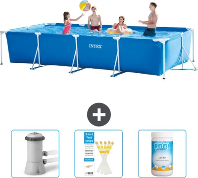 Obrázok produktu pre Bazén Intex s obdĺžnikovým rámom - 450 x 220 x 84 cm - Modrý - Súčasťou dodávky je filtračné čerpadlo pre bazén - Testovacie prúžky - Chlór