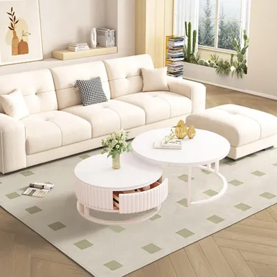 Obrázek produktu pro Sada dvou kulatých bílých konferenčních stolků s designem imitujícím mramor, s úložným prostorem, rozměry 50 + 70 cm