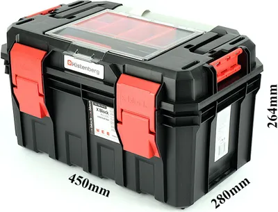 Produktbild von Kistenberg Werkzeugkoffer S BLOCK ALU LOG 45, Kunststoff Schwarz/Rot/Transparent, 450 x 280 x 264 mm, mit Deckel-Organizer (3 Fächer, 4 Becher, 1 herausnehmbares Fach), koppelbar, X BLOCK ALU LOG Serie, KXSA4530F