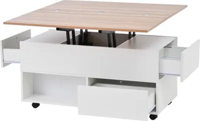 Produktbild von Couchtisch 100x50x52cm 4 Rollen Multifunktional Wohnzimmertisch 4 Schubladen Hoehenverstellbar Sofatisch Beistelltisch Esstisch Weiss Holzfarbe