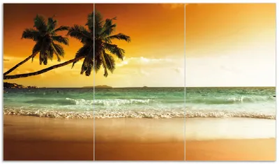 Produktbild von Wallario Herdabdeckplatte aus Glas, Größe 90 x 52 cm 3-teilig, Motiv Palmen am Sandstrand bei untergehender Sonne