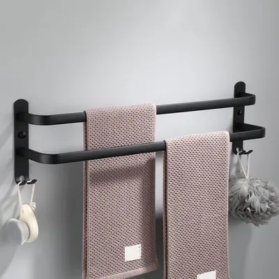 Produktbild von Omgoods – Handtuchhalter ohne Bohren – Schwarzer Aluminium-Handtuchhalter mit 2 Haken