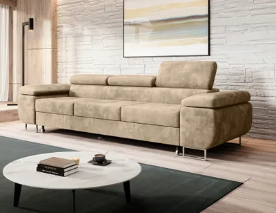 Produktbild von Easy4You Schlafsofa Norberg - 279 cm - Velour Beige - 3 Sitzer Sofa - Werstellbare Kopfstützen - Couch mit Schlaffunktion - Stoff: Monolith M-04