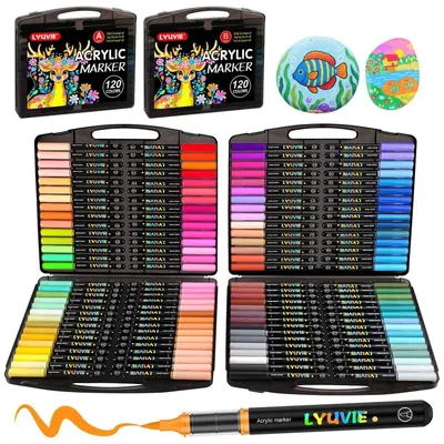 Zdjęcie produktu dla Zestaw 120 markerów akrylowych, wodoodpornych, permanentnych, do użytku na drewnu, kamieniu, szkle, tkaninach, kamieniach, tworzywach sztucznych, do rękodzieła, z końcówką pędzelkową