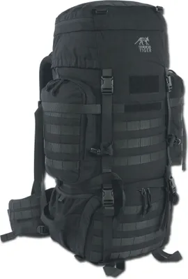 A black trekking backpack is shown against a white background.