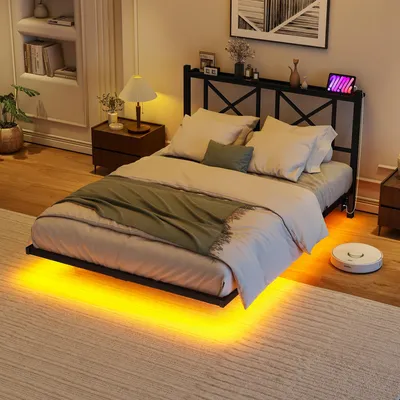 Produktbild von okwish Schwebebett 120x200 Bettgestell Metallbett mit Metalllatten und Beine,Plattformbett mit LED-Leuchten unter dem Bett,mit Aufbewahrungs-Kopfteil,Schwarz(ohne Matratze)