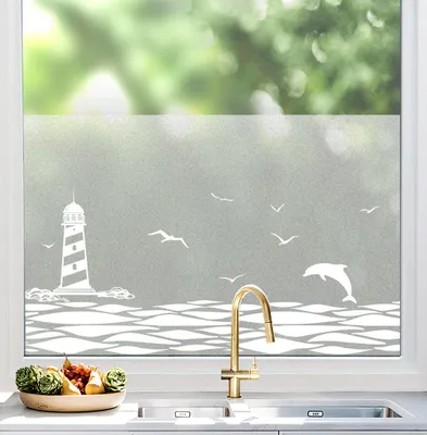 Produktbild von Fensterfolie - Blickdichte Sichtschutzfolie mit Meeresmuster - Statisch haftend und wiederverwendbar für Wohnzimmer Schlafzimmer Küche - 44.5x200cm