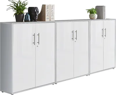 Produktbild von Aktenschrank TABOR 99 in lichtgrau / weiß matt, Schrankwand, Büroschrank, abschließbar, Metallgriffe