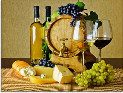 Produktbild von ARTland Glasbild Käse, Wein und Trauben Größe: 80x60 cm