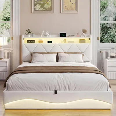 Image de Lit rembourré ProximaX 160 x 200 cm, velours beige, coffre de rangement hydraulique, tête de lit avec éclairage LED et étagère, station de recharge USB