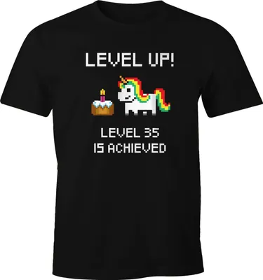 Produktbild von Herren T-Shirt Geburtstag Level Up Pixel-Einhorn Torte Retro Gamer Pixelgrafik Geschenk Arcade Fun-Shirt Moonworks® 35 schwarz M