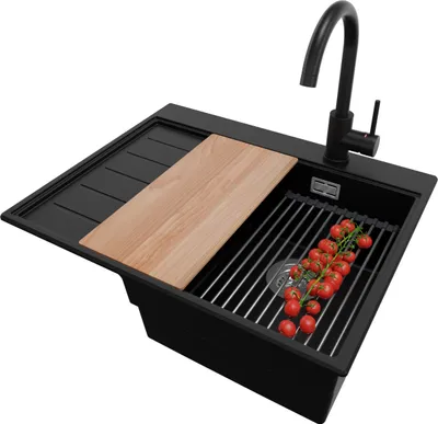Produktbild von PRIMAGRAN Granitspüle Schwarz 62x50cm, Spülbecken 1 Becken + Küchenarmatur 32x20cm + Ablauf-Set + Küchenzubehörset, Küchenspüle ab 40er Unterschrank - Sydney