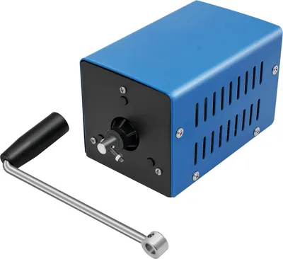 Produktbild von Tragbarer Handkurbel-Generator - USB-Notstrom-Ladegerät - Leistung 20 W - Ausgänge 3–15 V, USB 5 V/4 A - Drehzahl 2000 U/min - Größe 12,5×8×8,5 cm - Blau