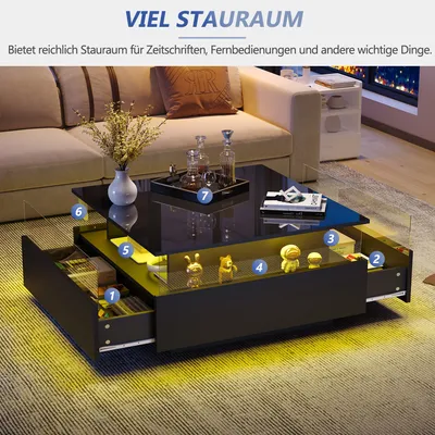 Produktbild von okwish Couchtisch Quadratischer, LED-Hochglanz Beistelltisch für Schlafzimmer, Wohnzimmertische mit Stauraum fürs Wohnzimmer, Beistelltisch mit 2 Schubladen und transparentem Präsentationsbereich,Schwarz