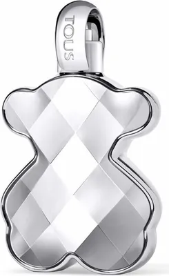 A silver-colored pendant shaped like a teddy bear with faceted surfaces, on a white background.