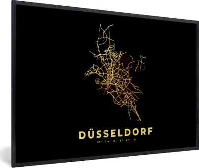 Produktbild von MuchoWow® Gerahmtes Poster Gold - Düsseldorf - Karte - Stadtplan - Wegbeschreibung 30x20 cm - Poster mit Schwarzem Bilderrahmen Wandposter Rahmen Foto Bilder - Kunstdruck - Bild-Poster