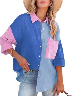 Image de ASKSA Femme Blouse Couleur Boutons Manches Longues Tunique Oversized Revers Haut Manches Longues, Bleu, XL