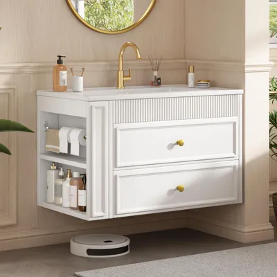 Produktbild von Flieks Wandhängender Badezimmerschrank mit Schubladen, seitlichem Ablageregal, Toilettenpapierhalter, Keramikwaschbecken, Waschtisch, Schrank, Weiß