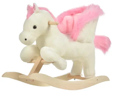 Image de Cheval à bascule pour enfants - Peluche | Couleur : Blanc/Rose | Dimensions : 28 x 70 x 57 cm