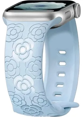 Image de Bracelet pour Apple Watch 38mm-40mm-41mm Series 9 8 SE 7 6 5 4 3 2 1 / 42mm (Serie 10/11) Silicone Souple Relief Camélia - Bleu