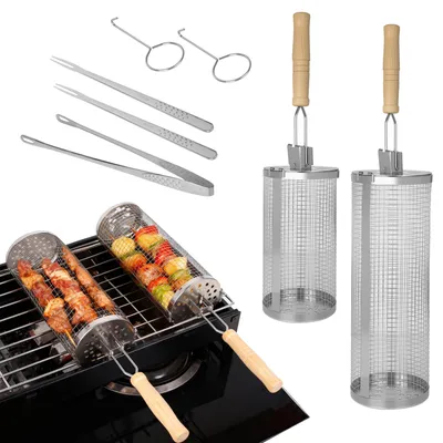 Produktbild von 7-teiliges Grillkorb Set aus 304 Edelstahl mit abnehmbarem Holzgriff