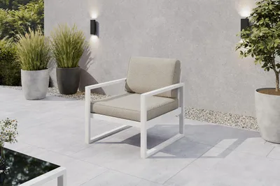 Image de Margaret Hadas24 Fauteuil de jardin d'extérieur Madera Lounge, chaise de jardin pour terrasse et balcon, résistant aux intempéries, mobilier de balcon en métal, banc avec dossier, blanc, écru