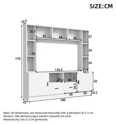 Image de Ensemble de meuble TV avec vitrine, 180 cm, blanc