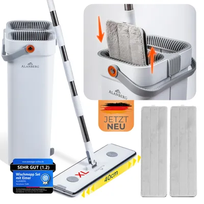 Produktbild von ALANBERG® XL-Flachmopp mit Zweikammersystem - Weiß, Wischmopp Set mit Eimer Bodenwischer mit Mikrofaser, 360° Drehkopf & Trennsystem für Schmutzwasser