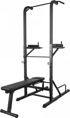 Produktbild von GORILLA SPORTS® Power Tower - mit Klappbar Hantelbank, Dip Station, Klimmzugstange, Liegestützgriff, 201x74x221cm, bis 150kg, Schwarz - Multifunktion Kraftturm, Kraftstation, Krafttrainingsgeräte