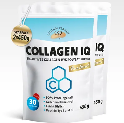 Produktbild von GOLDEN PEANUT Collagen IQ 2x 450 g Set Hydrolysat Peptide Pure Boost Proteinpulver bioaktiv staubfrei top löslich und geschmacksneutral