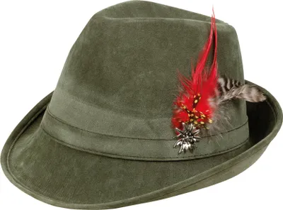 A green fedora-style hat with a feather and a star-shaped pin.