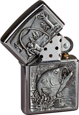 A close-up of a Zippo lighter with a fishing theme.