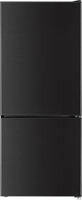 A front view of a black refrigerator.