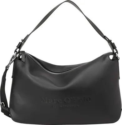 A black leather shoulder bag with a zipper and embossed logo.